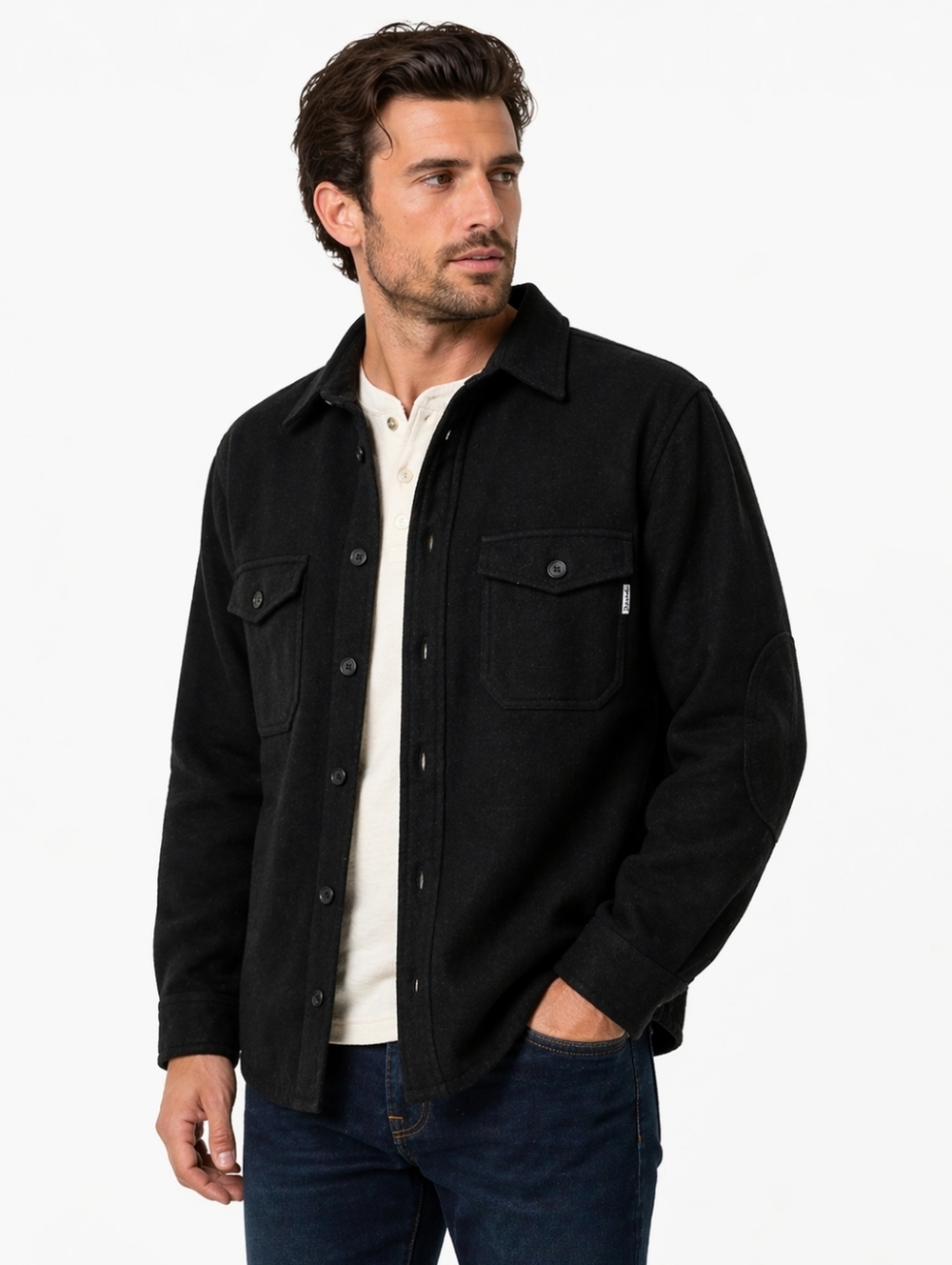 Woolrich Wool Shacket Men’s M Black Button Up Lined Elbow Patch